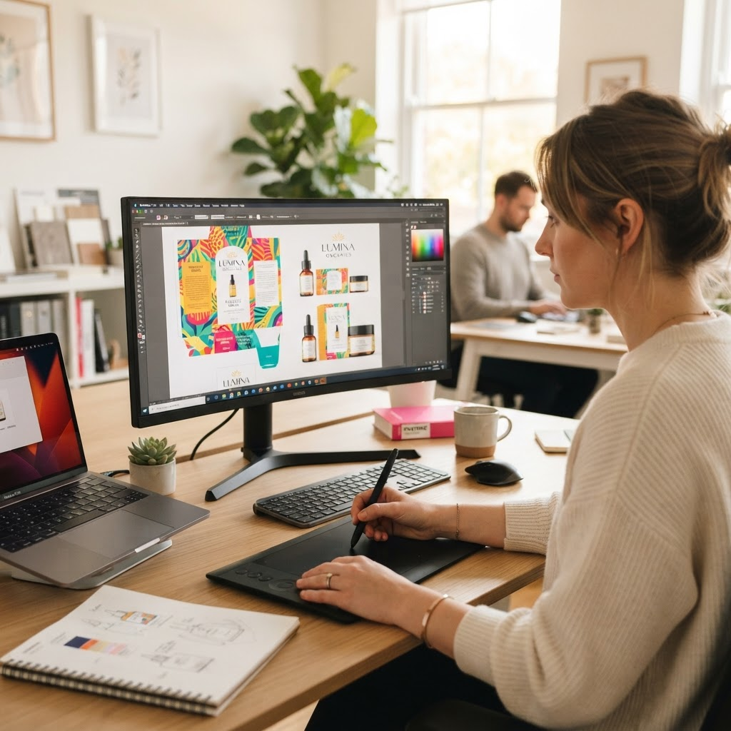 A designer creating packaging artwork on a computer